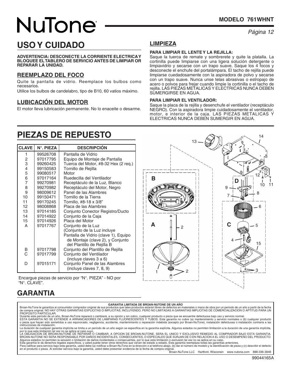 Uso y cuidado, Piezas de repuesto, Garantia | Página  modelo 761whnt, Reemplazo del foco, Lubicación del motor, Limpieza, Ac d | NuTone 761WHNT User Manual | Page 12 / 12