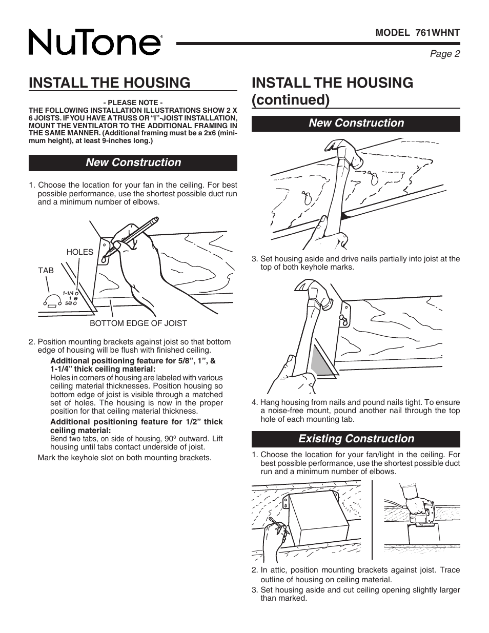 Install the housing (continued), Install the housing, New construction existing construction | New construction | NuTone 761WHNT User Manual | Page 2 / 12