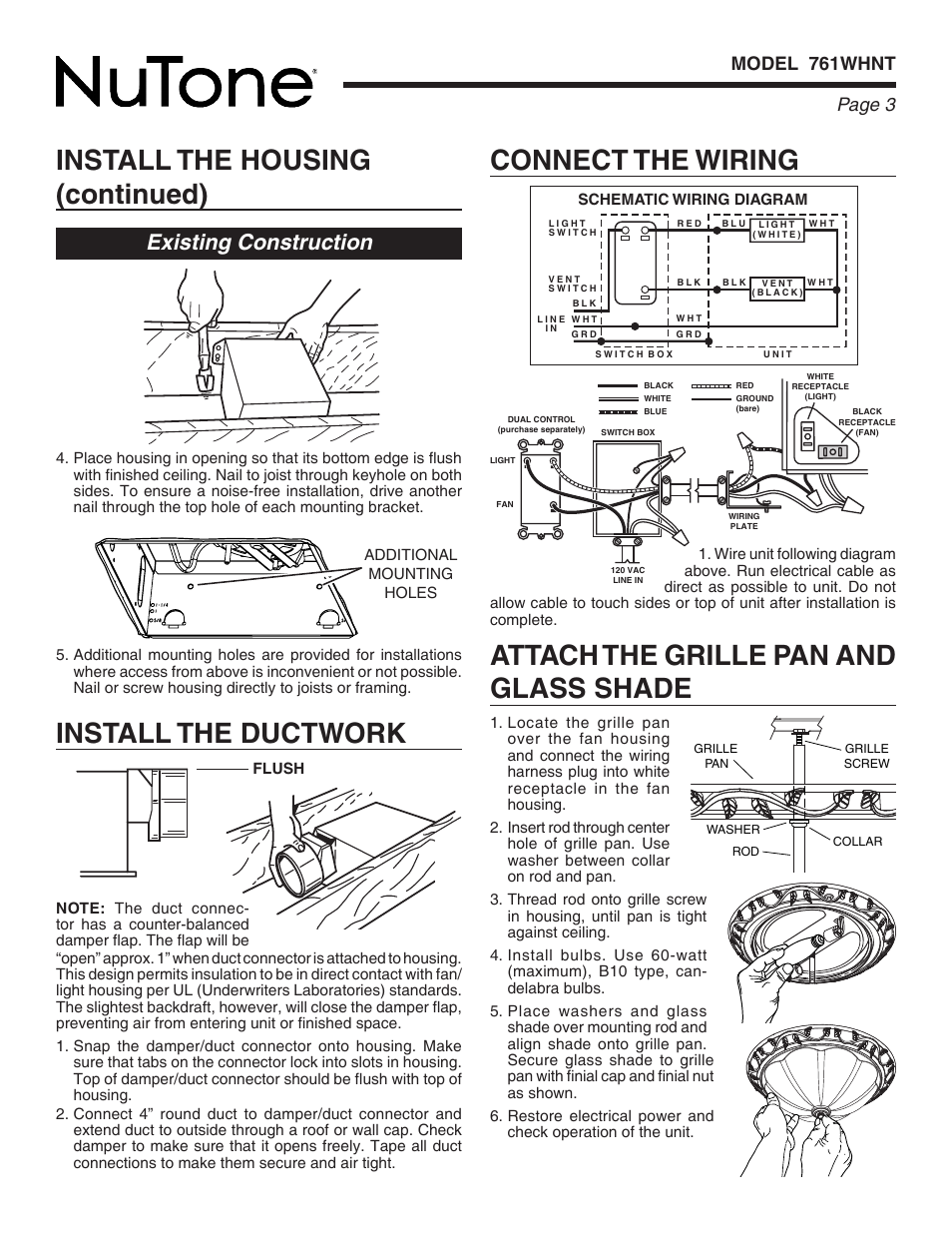 Connect the wiring, Existing construction, Page  model 761whnt | NuTone 761WHNT User Manual | Page 3 / 12