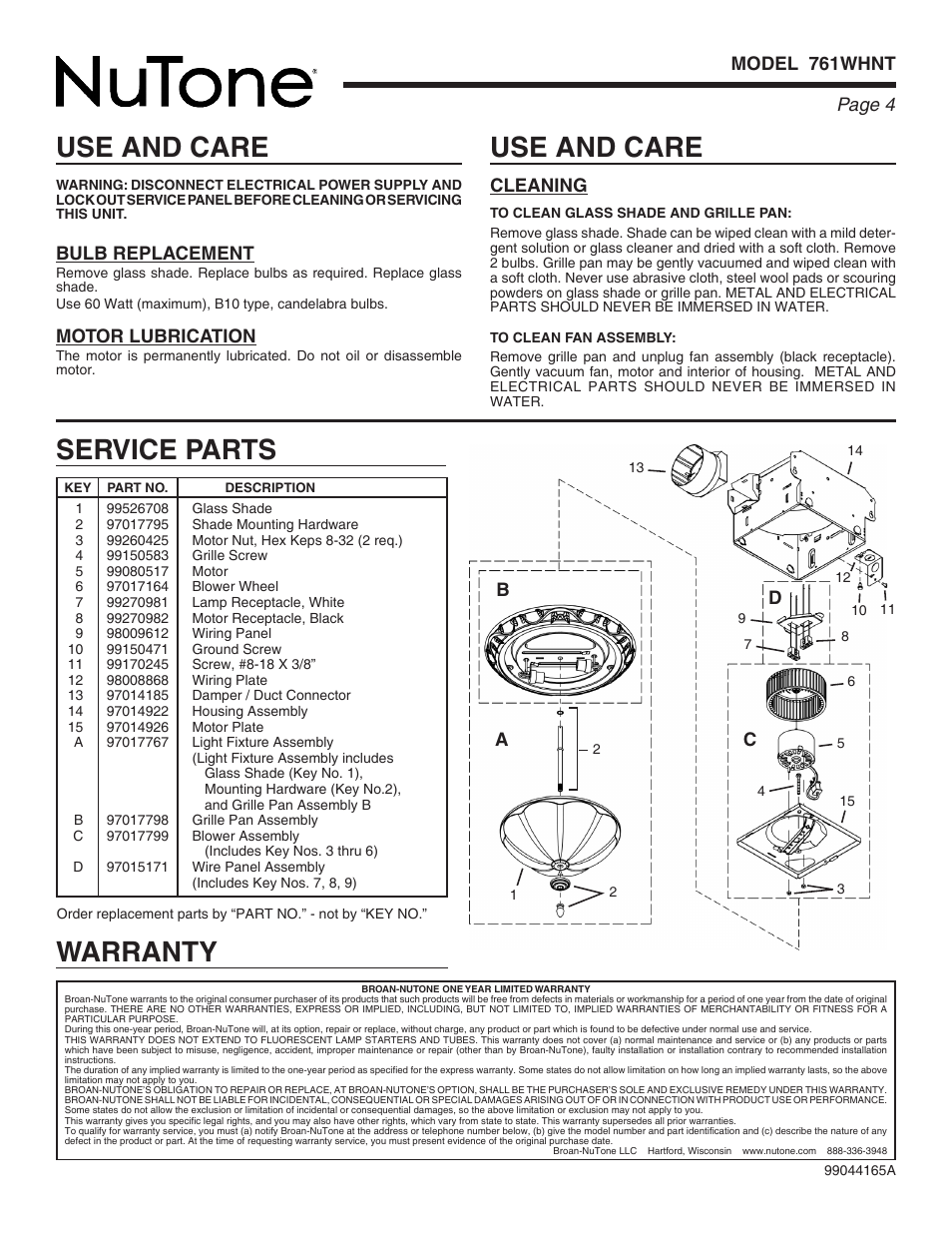 Use and care, Service parts warranty, Page  model 761whnt | Bulb replacement, Motor lubrication, Cleaning, Ac d | NuTone 761WHNT User Manual | Page 4 / 12