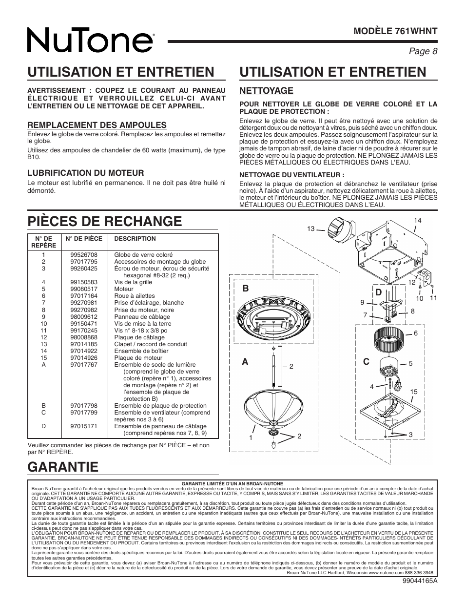 Utilisation et entretien, Pièces de rechange garantie, Page  modèle 761whnt | Nettoyage, Ac d, Remplacement des ampoules, Lubrification du moteur | NuTone 761WHNT User Manual | Page 8 / 12