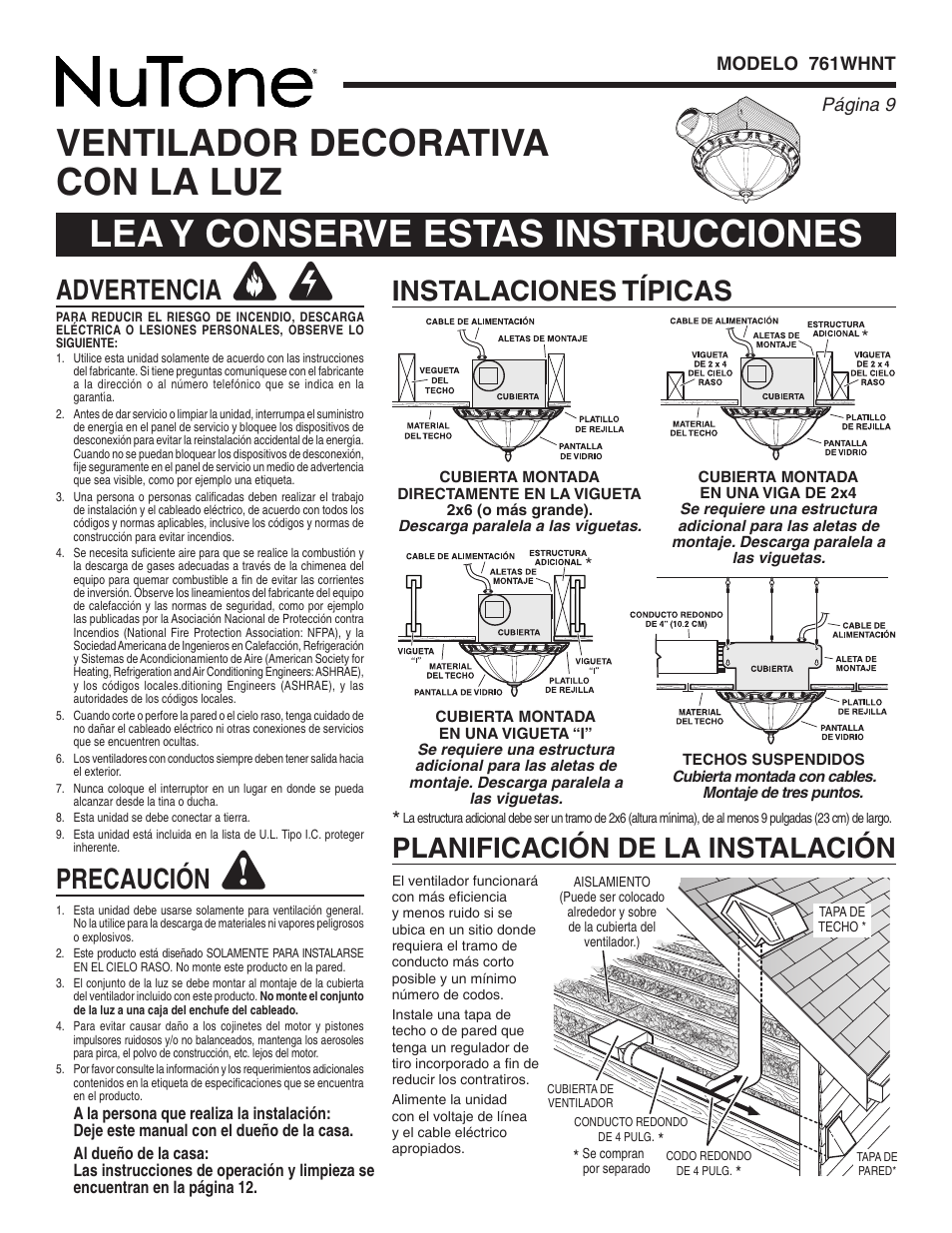 Instalaciones típicas, Advertencia, Precaución | Planificación de la instalación | NuTone 761WHNT User Manual | Page 9 / 12