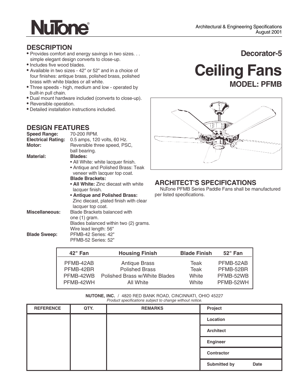 NuTone PFMB User Manual | 1 page