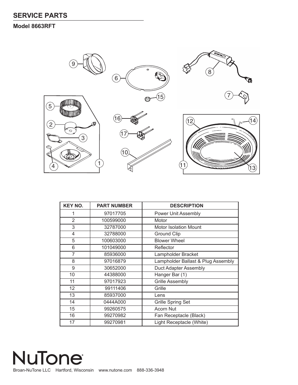 Service parts | NuTone 8663RFT User Manual | Page 11 / 12