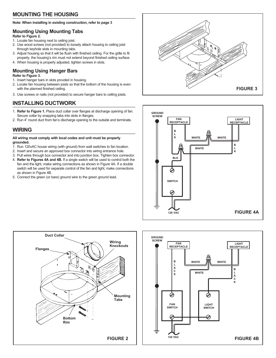Mounting the housing, Installing ductwork, Wiring | Mounting using mounting tabs, Mounting using hanger bars, Figure 3 figure 2 figure 4a, Figure 4b | NuTone 8663RFT User Manual | Page 2 / 12