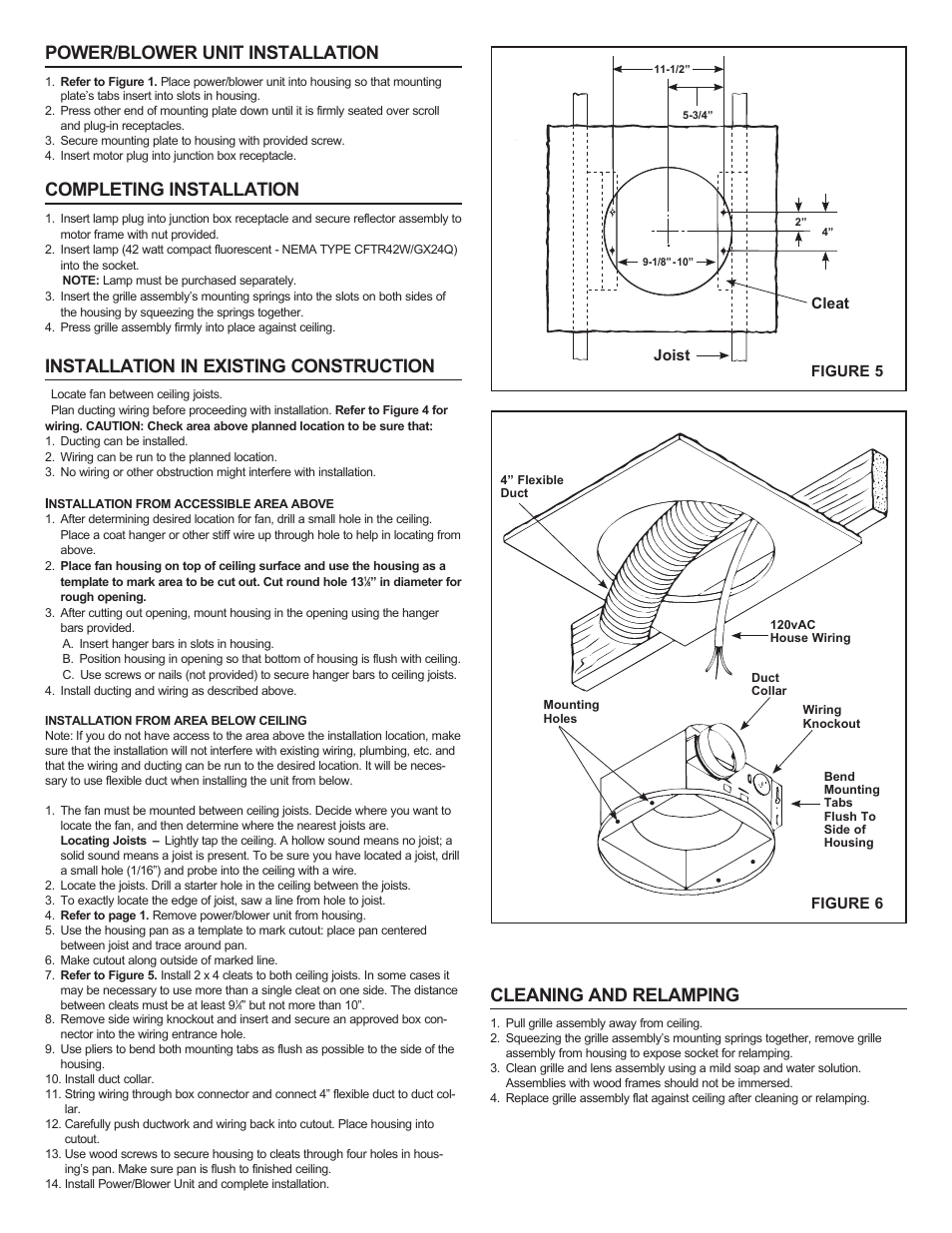Power/blower unit installation, Completing installation, Installation in existing construction | Cleaning and relamping | NuTone 8663RFT User Manual | Page 3 / 12