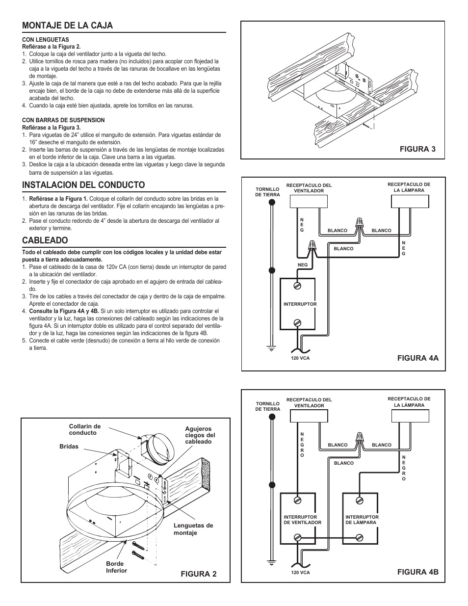Montaje de la caja, Instalacion del conducto, Cableado | Figura 3 figura 2, Figura 4a figura 4b | NuTone 8663RFT User Manual | Page 8 / 12