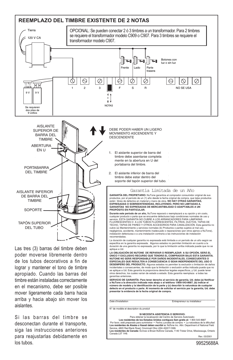 Reemplazo del timbre existente de 2 notas, Garantía limitada de un año | NuTone LA310CY User Manual | Page 4 / 4