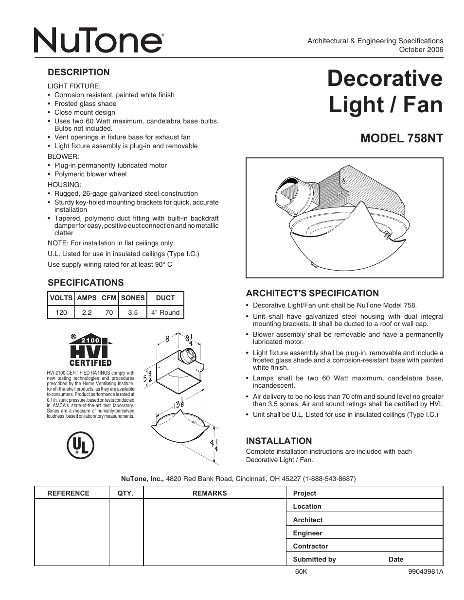 NuTone 758NT User Manual | 1 page