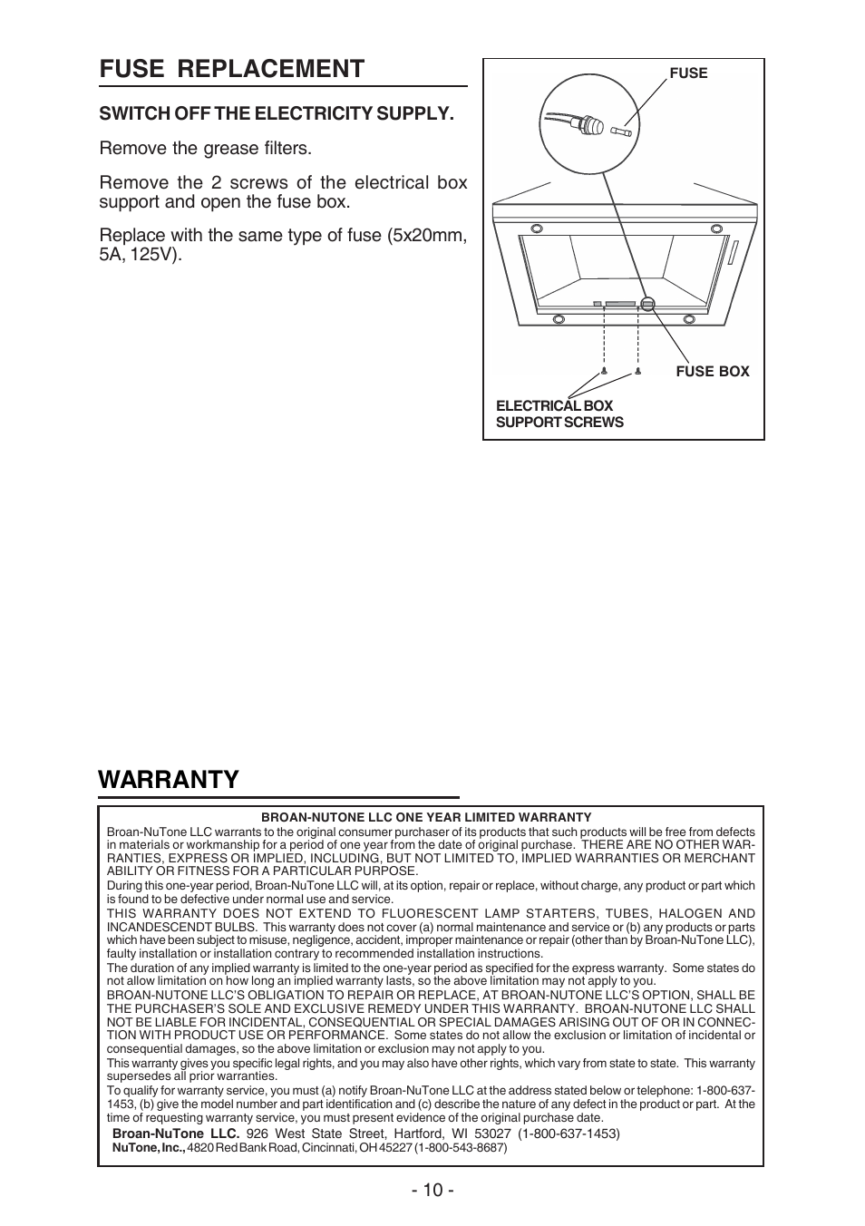Fuse replacement, Warranty | NuTone NP63000 User Manual | Page 10 / 32