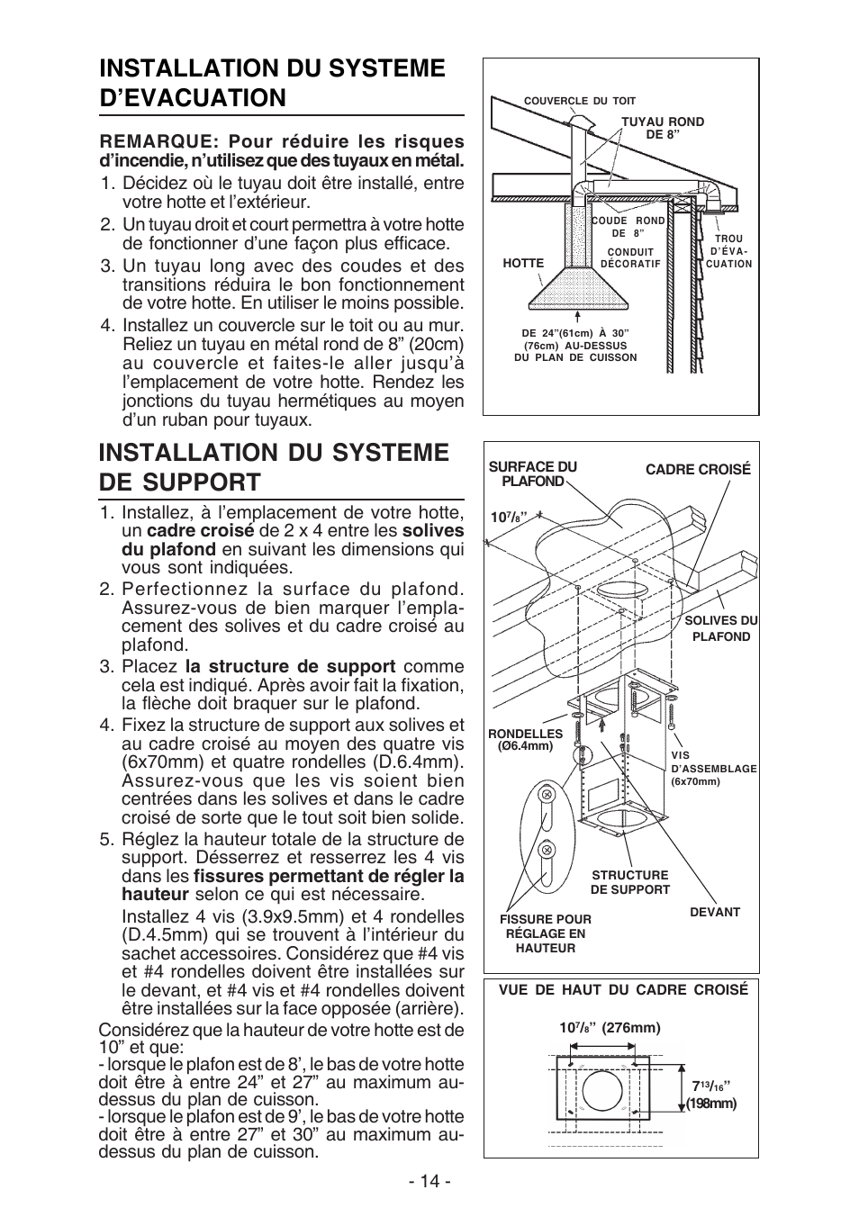 Installation du systeme d’evacuation, Installation du systeme de support | NuTone NP63000 User Manual | Page 14 / 32