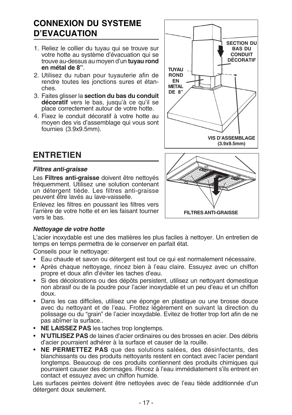 Entretien, Connexion du systeme d’evacuation | NuTone NP63000 User Manual | Page 17 / 32