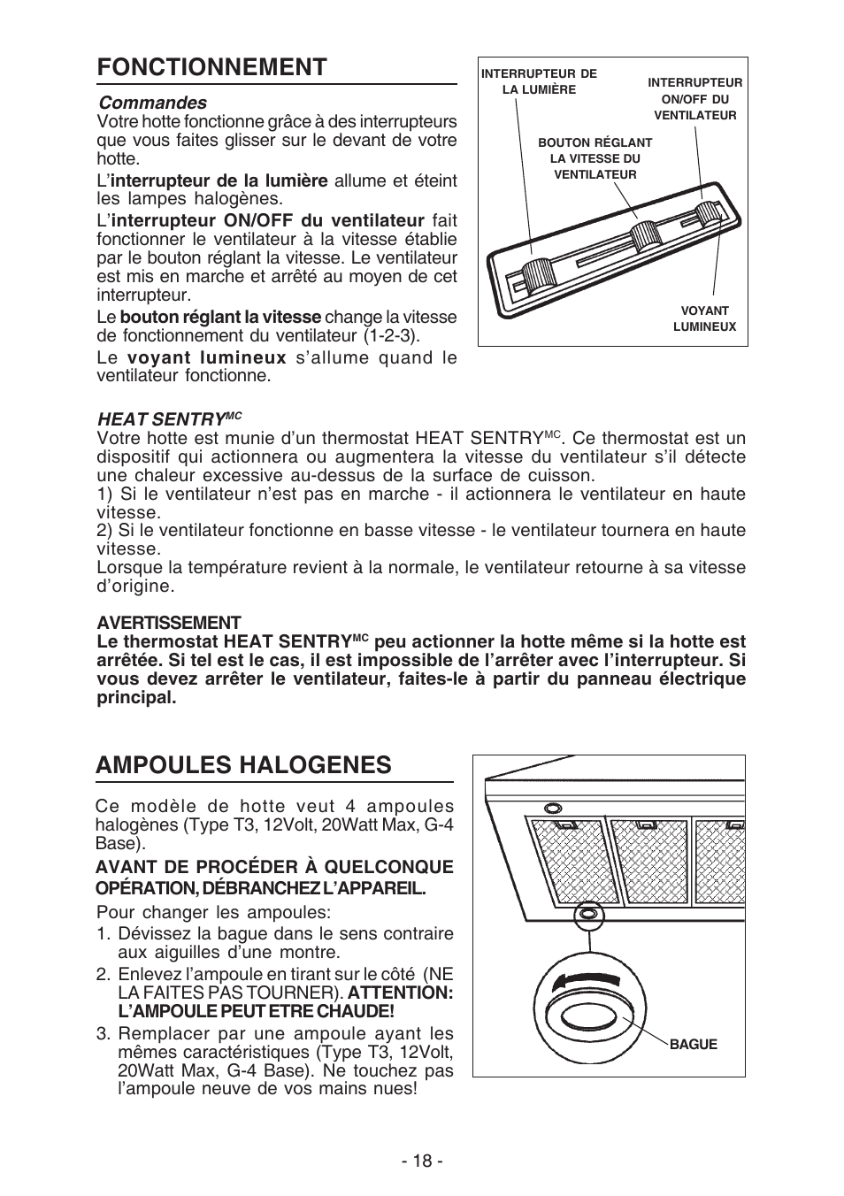 Ampoules halogenes, Fonctionnement | NuTone NP63000 User Manual | Page 18 / 32