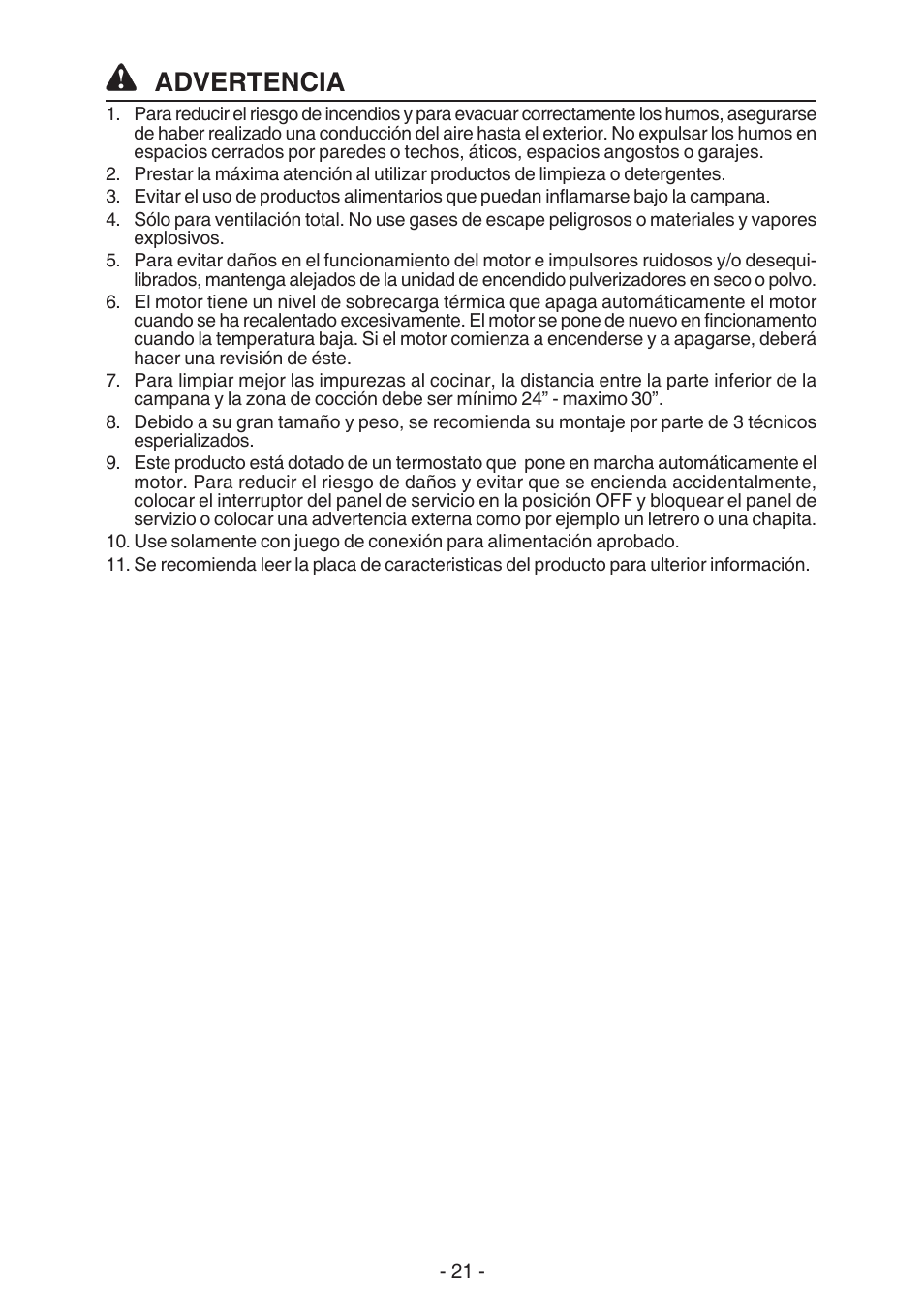 Advertencia | NuTone NP63000 User Manual | Page 21 / 32