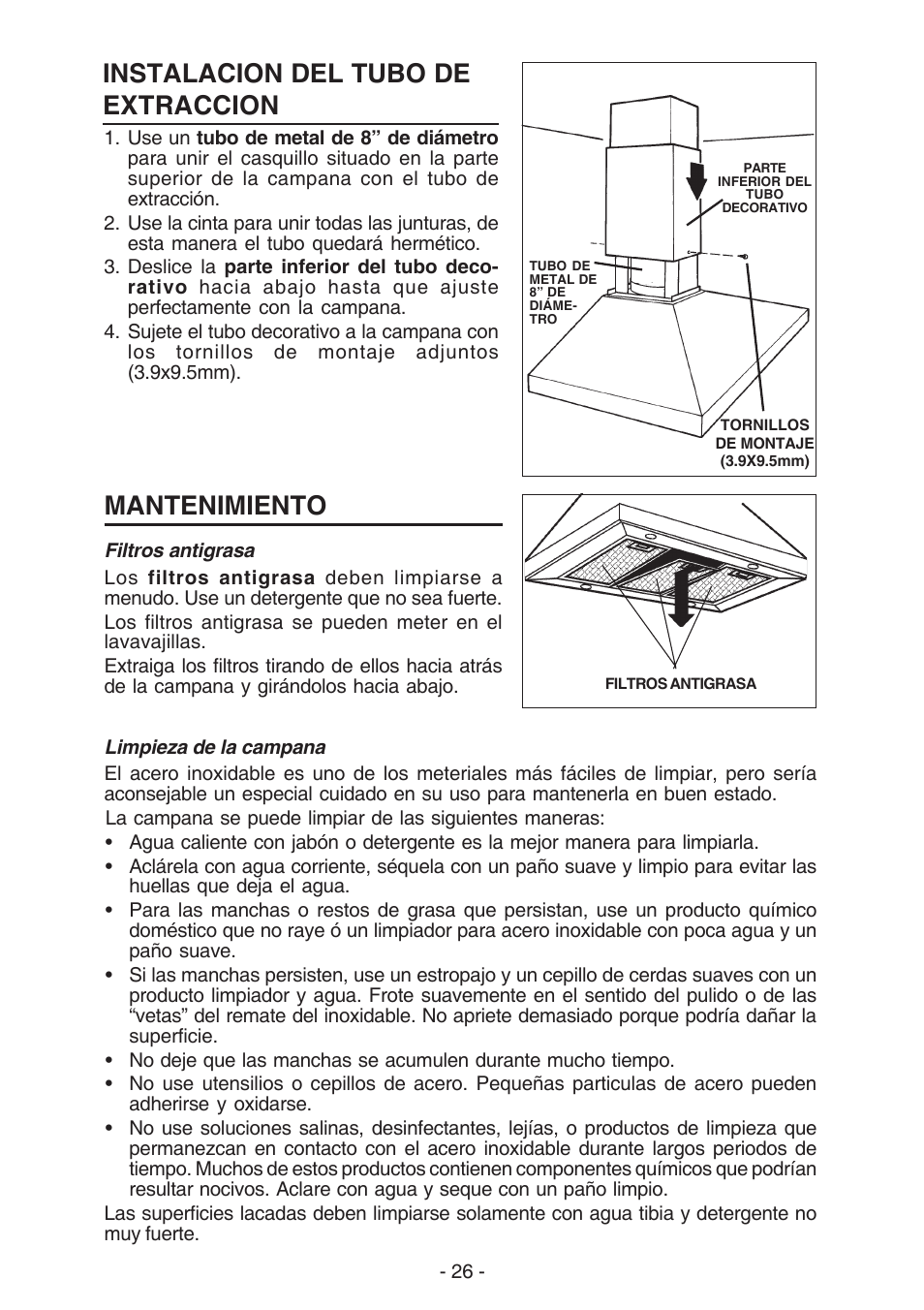 Mantenimiento, Instalacion del tubo de extraccion | NuTone NP63000 User Manual | Page 26 / 32