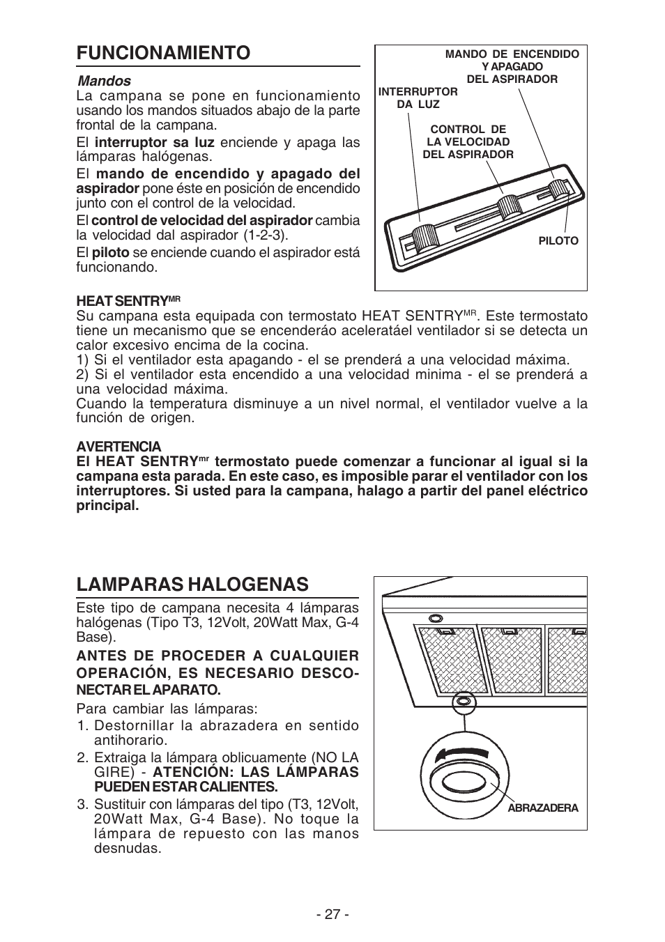 Funcionamiento, Lamparas halogenas | NuTone NP63000 User Manual | Page 27 / 32