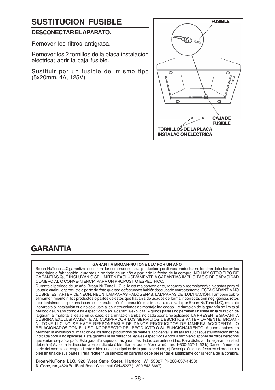 Sustitucion fusible, Garantia | NuTone NP63000 User Manual | Page 28 / 32