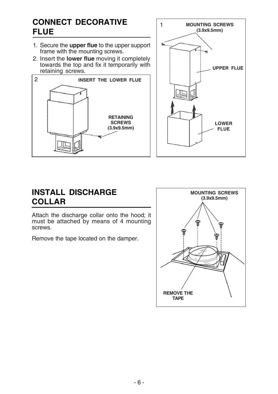 Install discharge collar, Connect decorative flue | NuTone NP63000 User Manual | Page 6 / 32