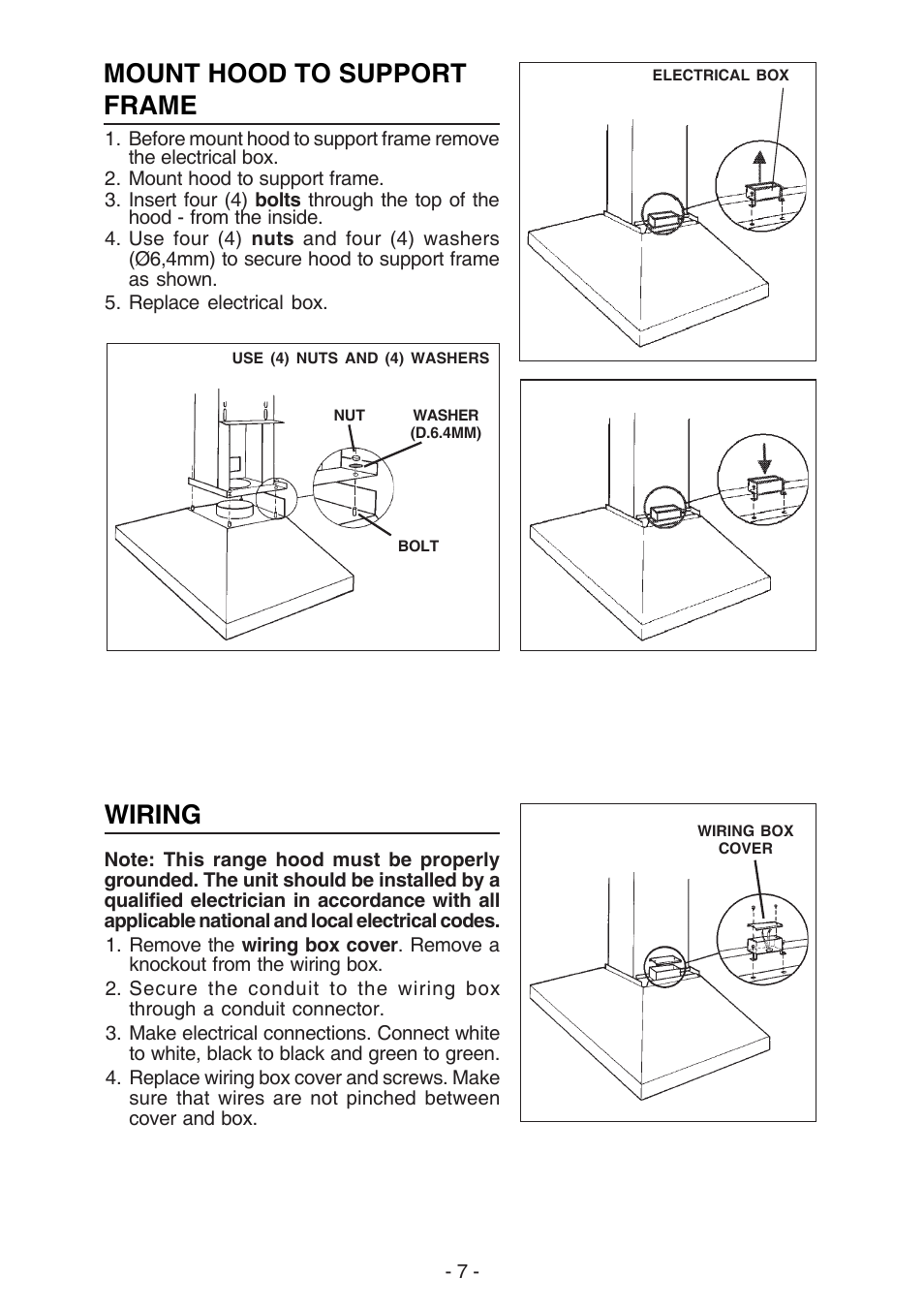 Wiring, Mount hood to support frame | NuTone NP63000 User Manual | Page 7 / 32