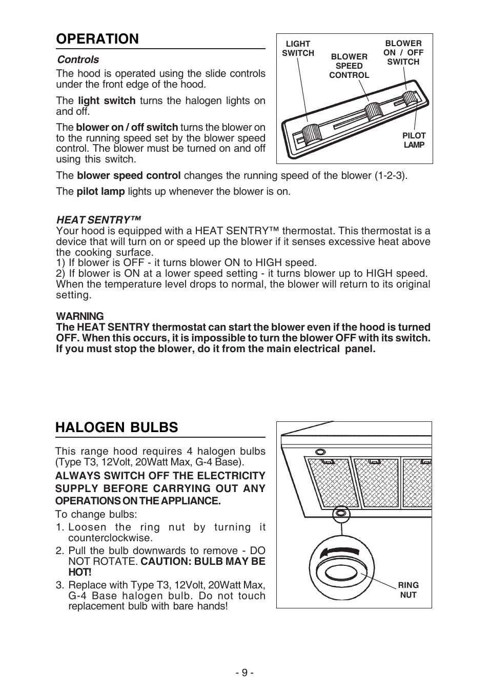 Operation, Halogen bulbs | NuTone NP63000 User Manual | Page 9 / 32