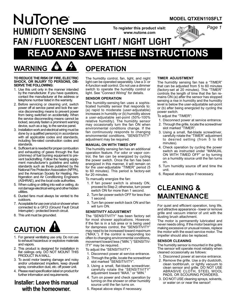 NuTone HUMIDITY SENSING FAN/LIGHT/NIGHTLIGHT QTXEN110SFLT User Manual | 8 pages