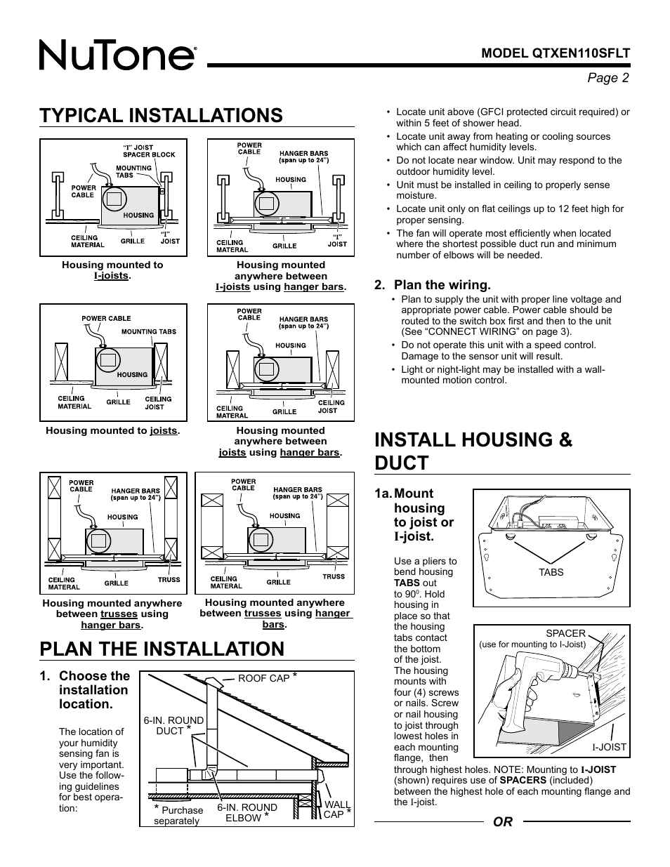 Typical installations, Plan the installation, Install housing & duct | NuTone HUMIDITY SENSING FAN/LIGHT/NIGHTLIGHT QTXEN110SFLT User Manual | Page 2 / 8
