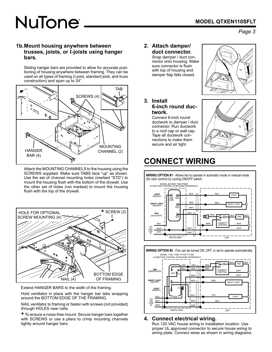 Connect wiring, Connect electrical wiring, Attach damper/ duct connector | Install 6-inch round duc- twork | NuTone HUMIDITY SENSING FAN/LIGHT/NIGHTLIGHT QTXEN110SFLT User Manual | Page 3 / 8