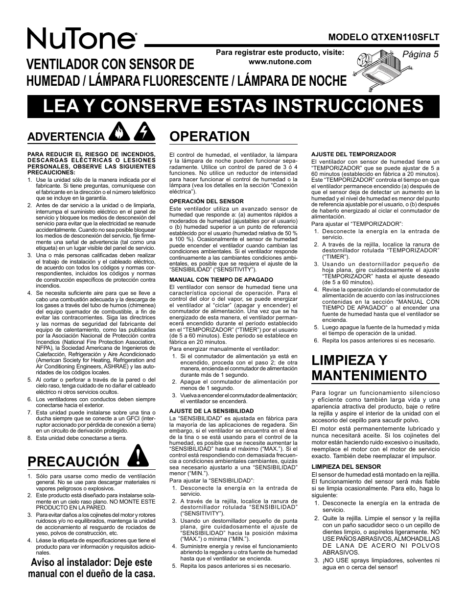 Lea y conserve estas instrucciones, Precaución, Limpieza y mantenimiento | Operation, Advertencia, Página  modelo qtxen110sflt | NuTone HUMIDITY SENSING FAN/LIGHT/NIGHTLIGHT QTXEN110SFLT User Manual | Page 5 / 8