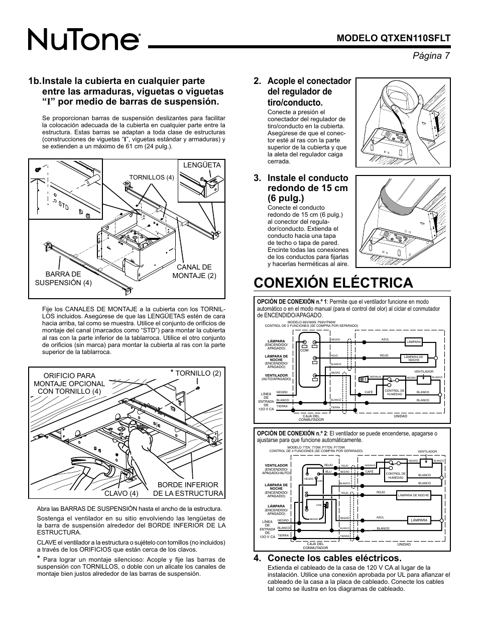 Conexión eléctrica, Instale el conducto redondo de 15 cm (6 pulg.), Barra de suspensión (4) | Canal de montaje (2) lengüeta | NuTone HUMIDITY SENSING FAN/LIGHT/NIGHTLIGHT QTXEN110SFLT User Manual | Page 7 / 8