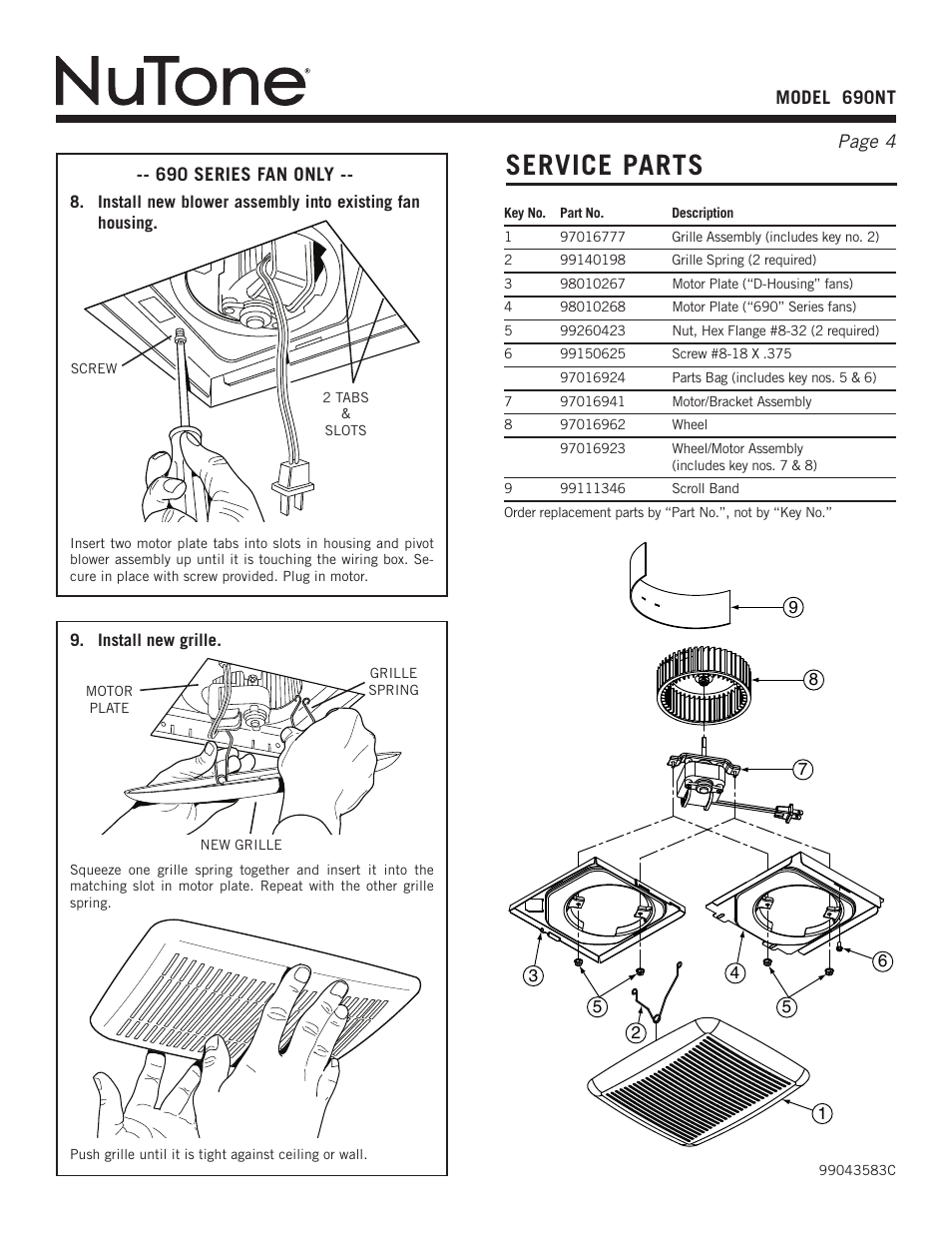 Service parts | NuTone 690NT User Manual | Page 4 / 8