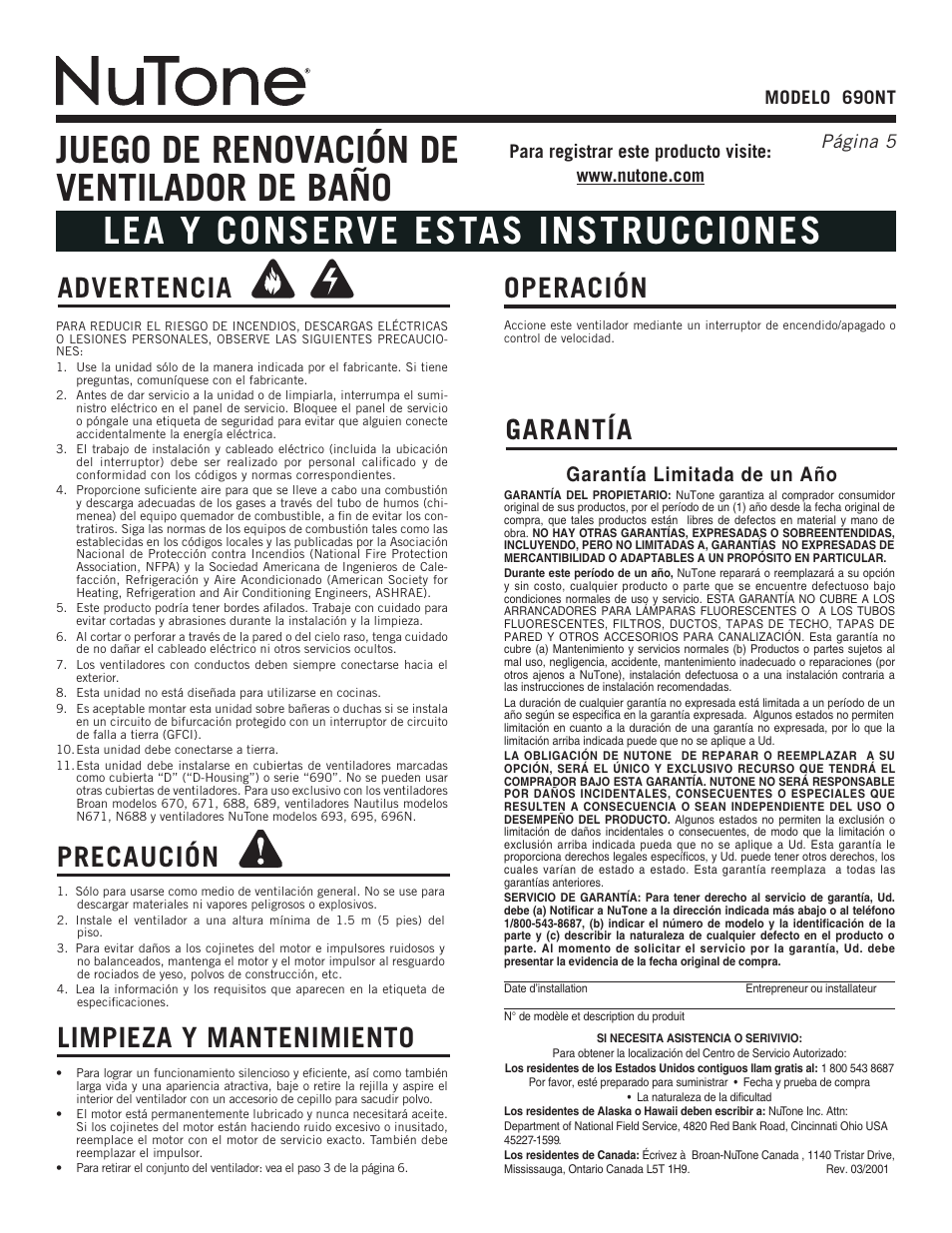 Advertencia precaución, Limpieza y mantenimiento, Garantía operación | Garantía limitada de un año, Modelo 690nt página | NuTone 690NT User Manual | Page 5 / 8