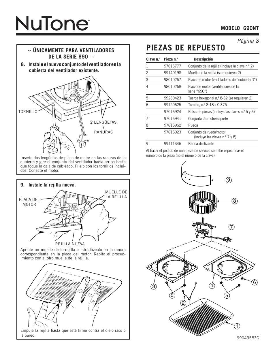 Piezas de repuesto | NuTone 690NT User Manual | Page 8 / 8