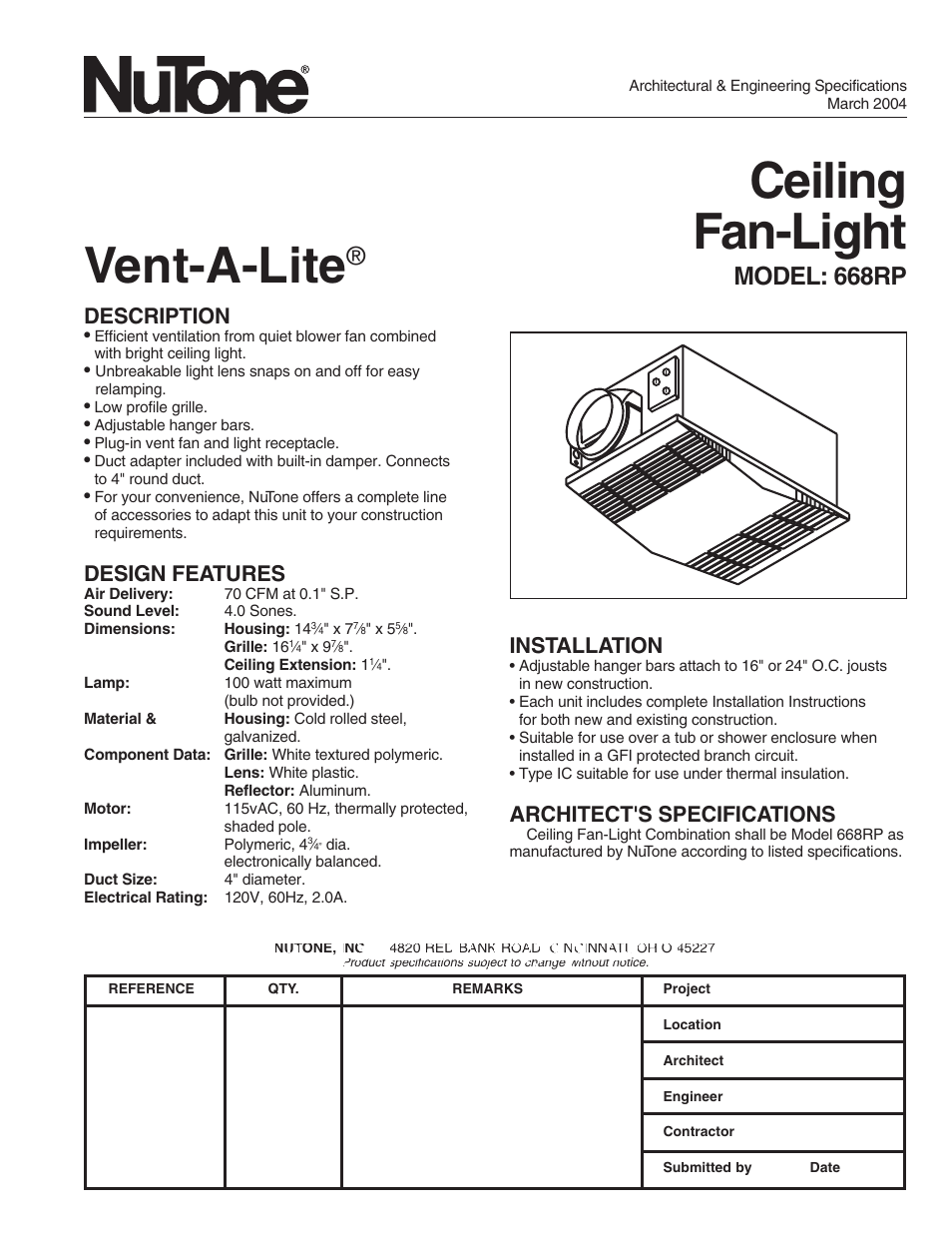 NuTone VENT-A-LITE 668RP User Manual | 2 pages