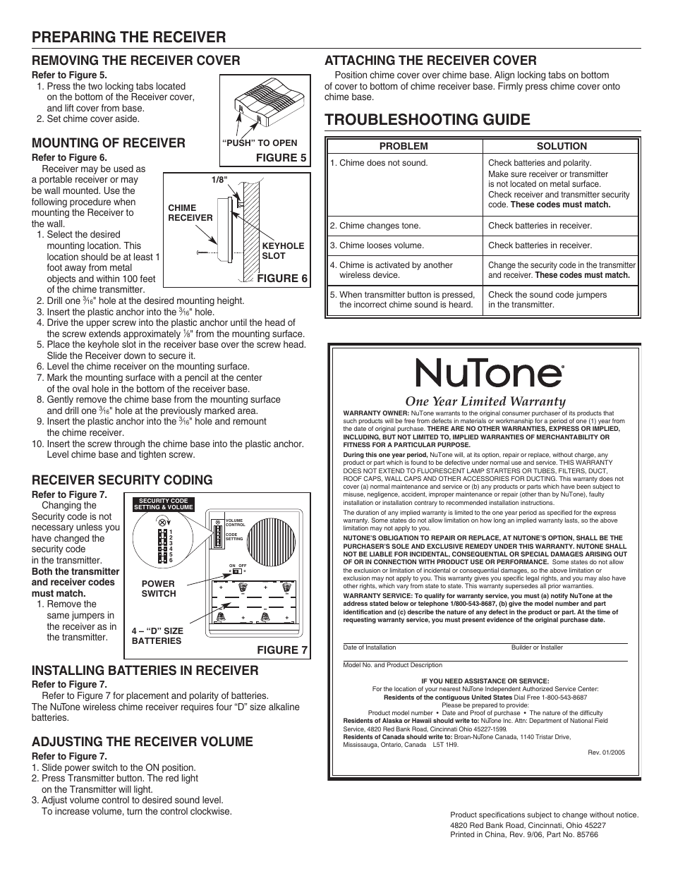 Troubleshooting guide, Preparing the receiver, Removing the receiver cover | Mounting of receiver, Receiver security coding, Installing batteries in receiver, Adjusting the receiver volume, Attaching the receiver cover, One year limited warranty | NuTone LA-206WH User Manual | Page 2 / 6