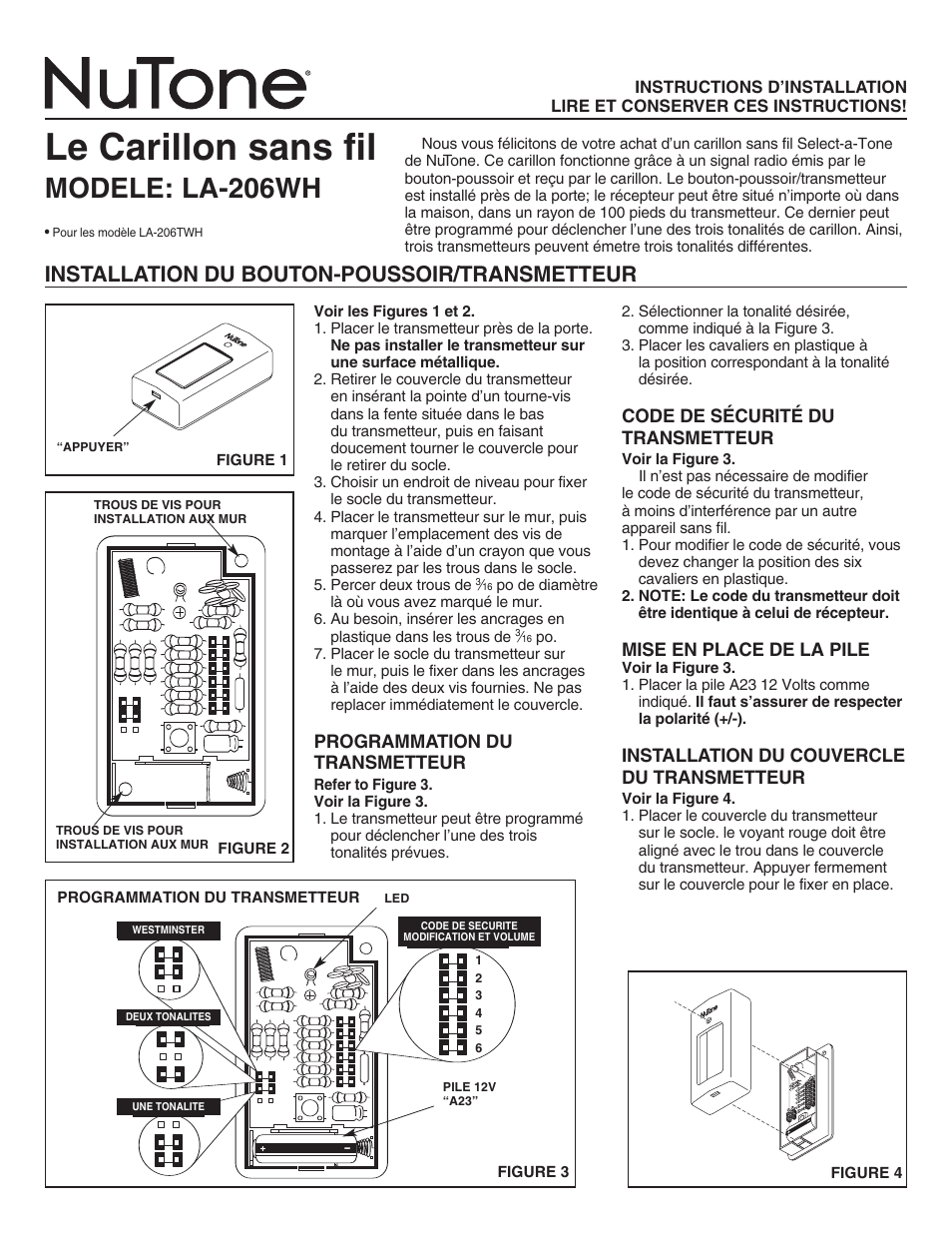Le carillon sans fil, Modele: la-206wh, Installation du bouton-poussoir/transmetteur | Programmation du transmetteur, Code de sécurité du transmetteur, Mise en place de la pile, Installation du couvercle du transmetteur | NuTone LA-206WH User Manual | Page 3 / 6