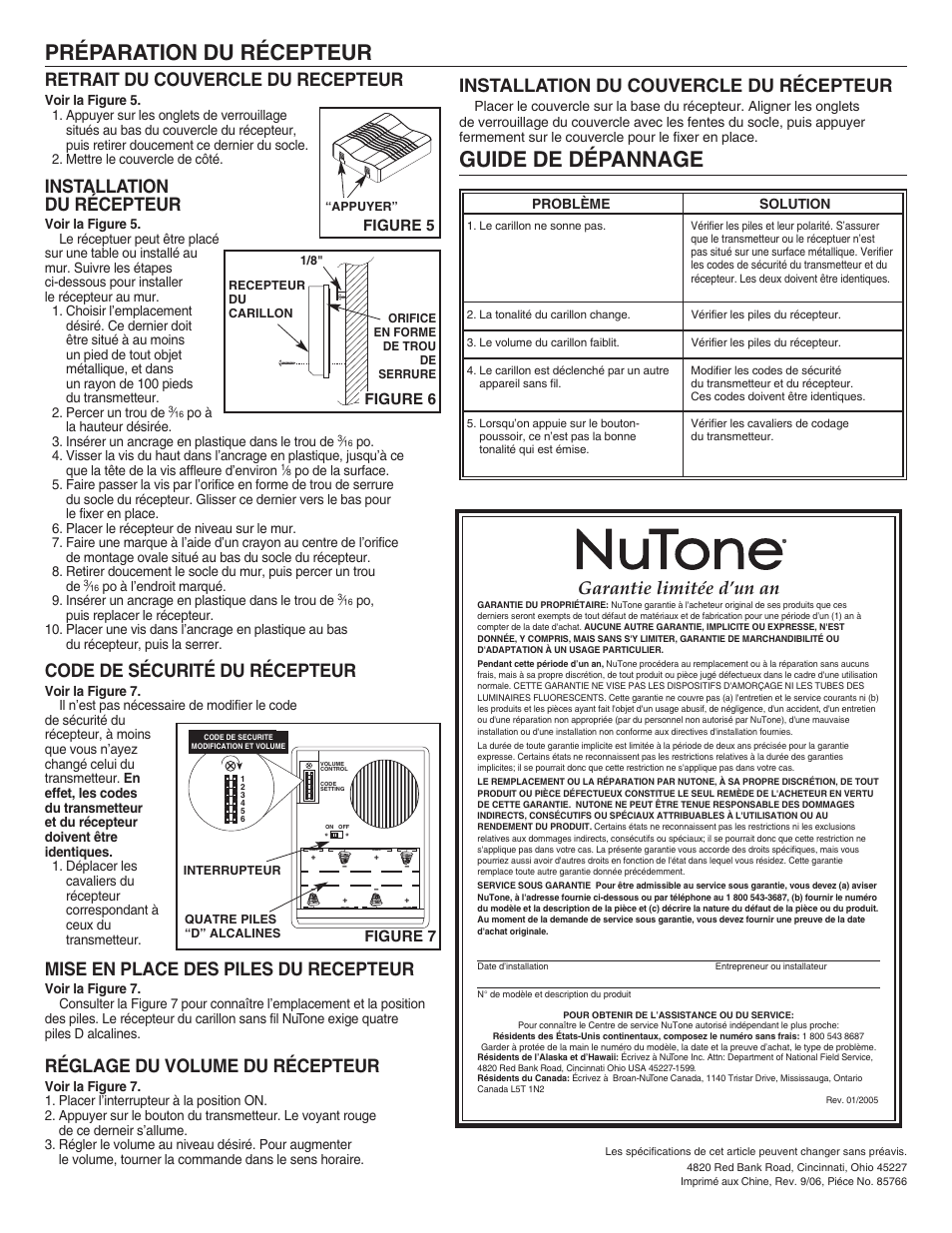 Préparation du récepteur, Guide de dépannage, Retrait du couvercle du recepteur | Installation du récepteur, Code de sécurité du récepteur, Mise en place des piles du recepteur, Réglage du volume du récepteur, Installation du couvercle du récepteur, Garantie limitée d’un an | NuTone LA-206WH User Manual | Page 4 / 6