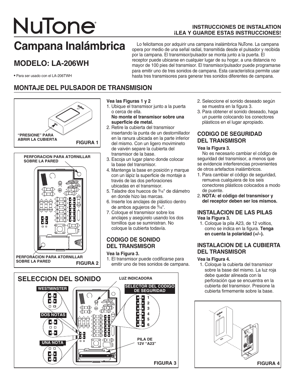 Campana inalámbrica, Modelo: la-206wh, Seleccion del sonido | Montaje del pulsador de transmision | NuTone LA-206WH User Manual | Page 5 / 6