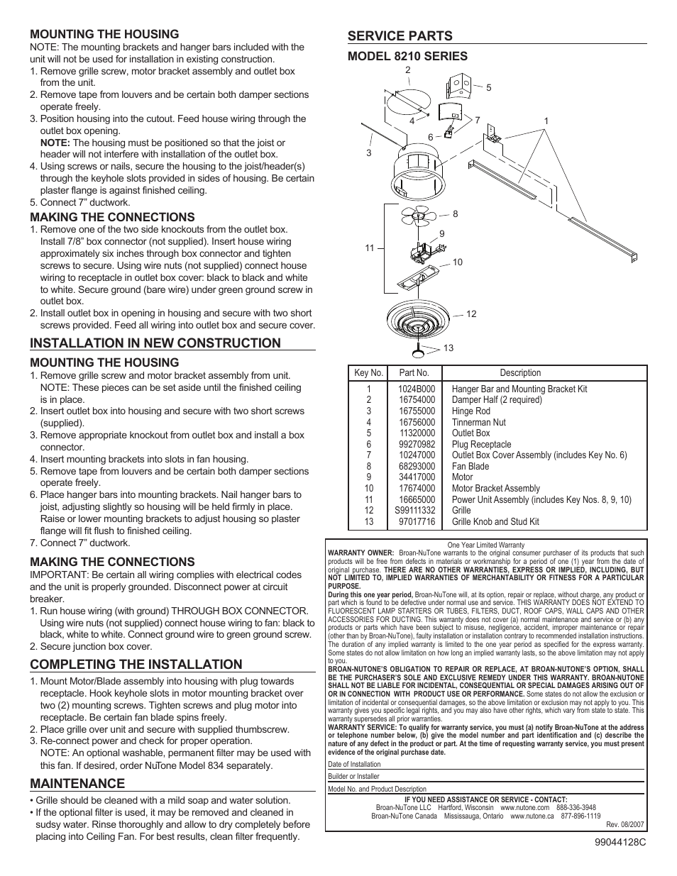 Installation in new construction, Completing the installation, Maintenance | Service parts, Mounting the housing, Making the connections, Model 8210 series | NuTone 8210 Series User Manual | Page 2 / 4