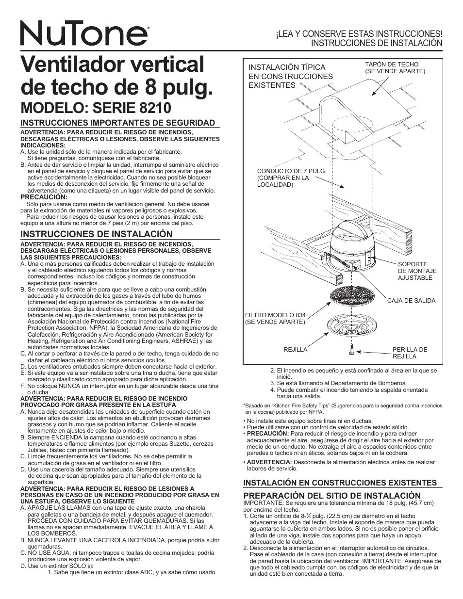 Ventilador vertical de techo de 8 pulg, Modelo: serie 8210, Instrucciones de instalación | Instrucciones importantes de seguridad, Preparación del sitio de instalación | NuTone 8210 Series User Manual | Page 3 / 4