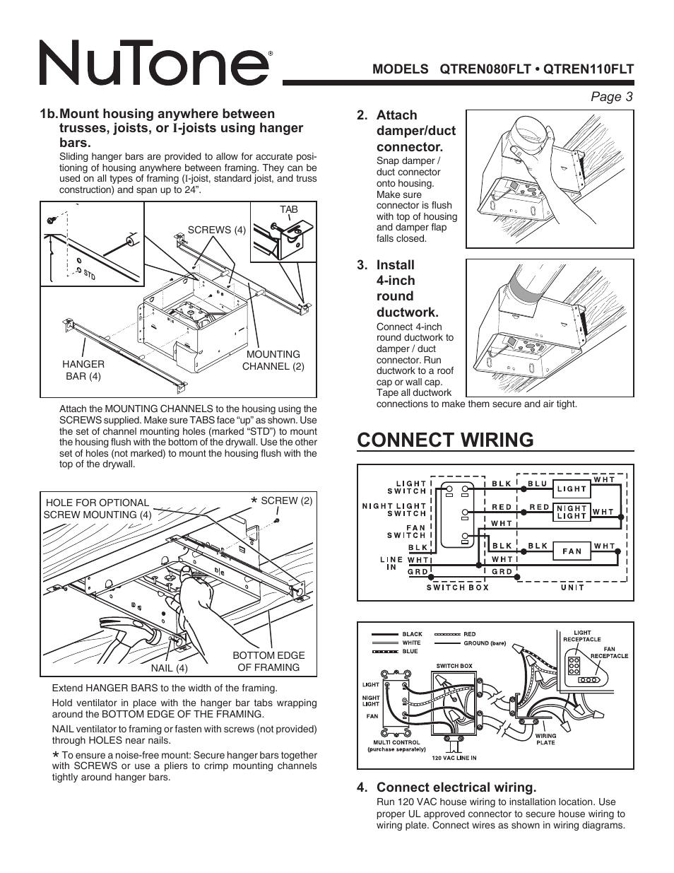 Connect wiring | NuTone QTREN110FLT User Manual | Page 3 / 8