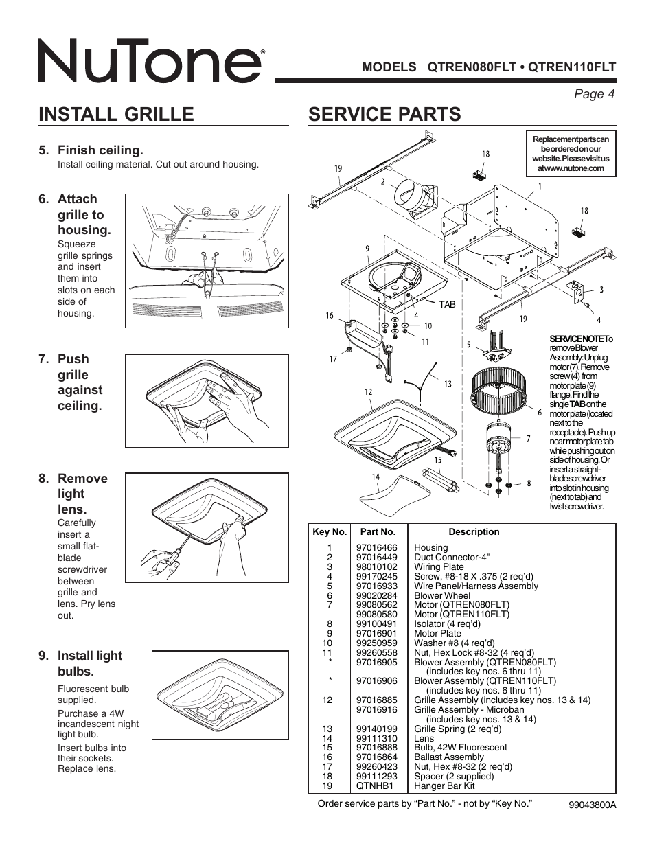 Service parts, Install grille, Remove light lens | Finish ceiling, Attach grille to housing | NuTone QTREN110FLT User Manual | Page 4 / 8