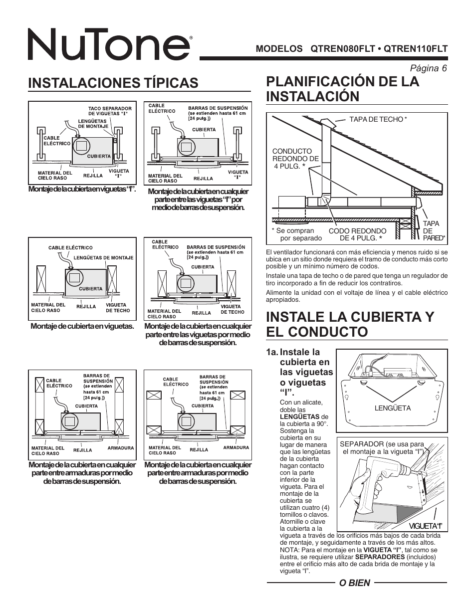 Instale la cubierta y el conducto | NuTone QTREN110FLT User Manual | Page 6 / 8