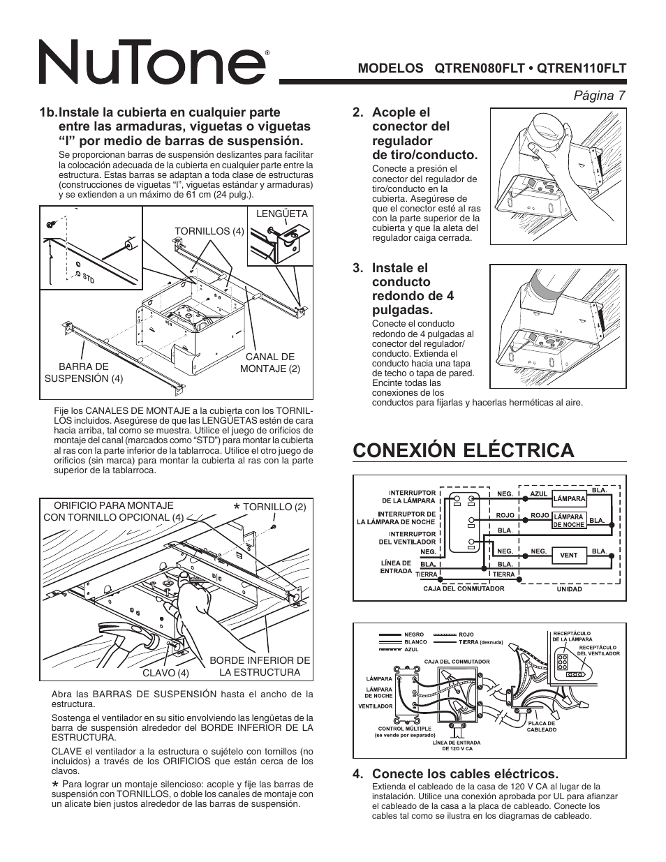 Conexión eléctrica | NuTone QTREN110FLT User Manual | Page 7 / 8