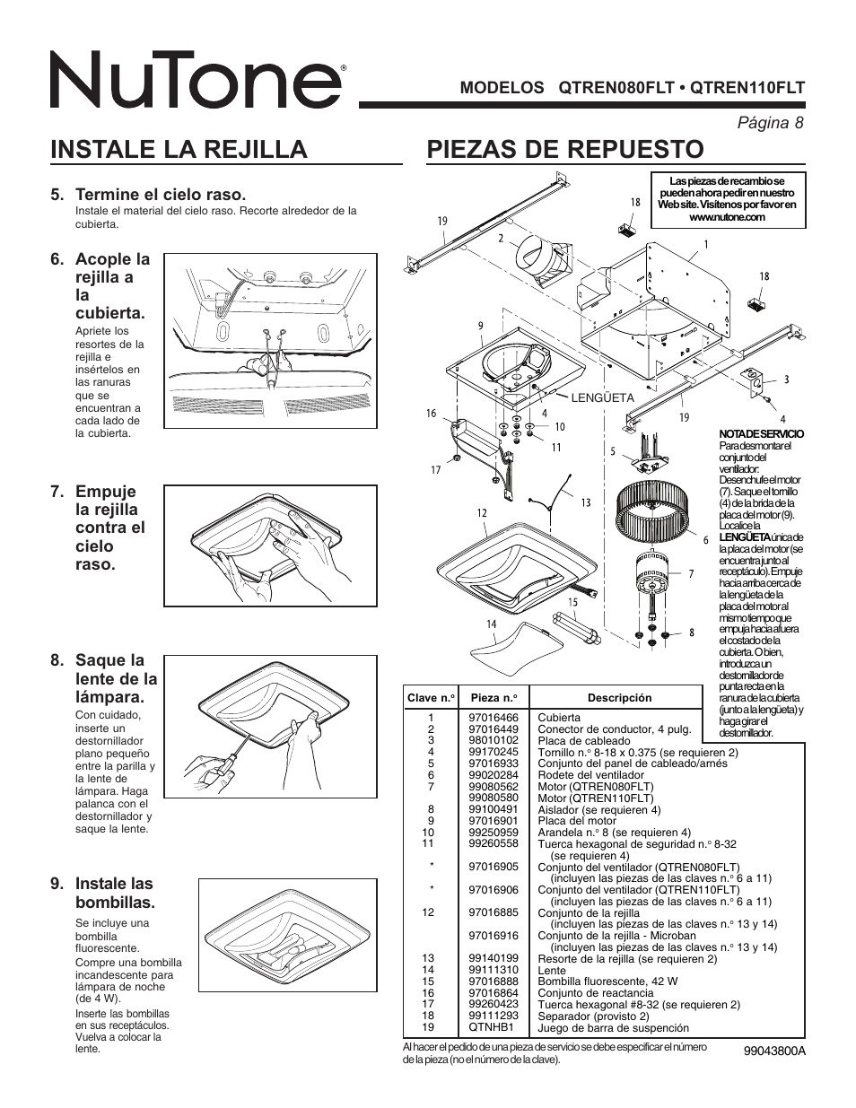 Instale la rejilla, Piezas de repuesto, Saque la lente de la lámpara | Termine el cielo raso, Acople la rejilla a la cubierta | NuTone QTREN110FLT User Manual | Page 8 / 8