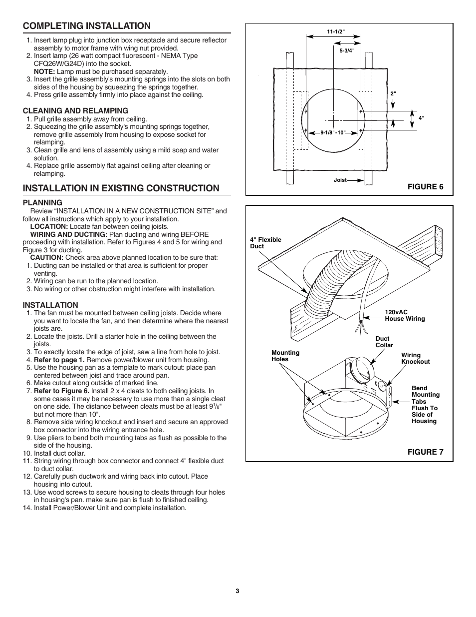 Completing installation, Installation in existing construction | NuTone 8663RF User Manual | Page 3 / 5