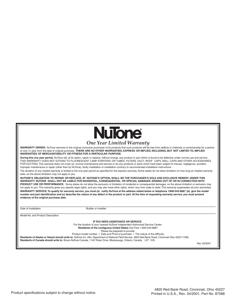 One year limited warranty | NuTone 8663RF User Manual | Page 4 / 5