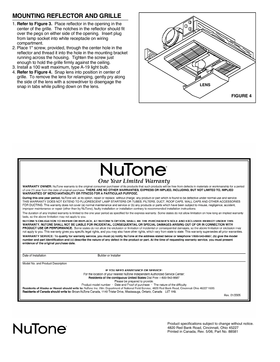 Mounting reflector and grille | NuTone 668RP User Manual | Page 3 / 7