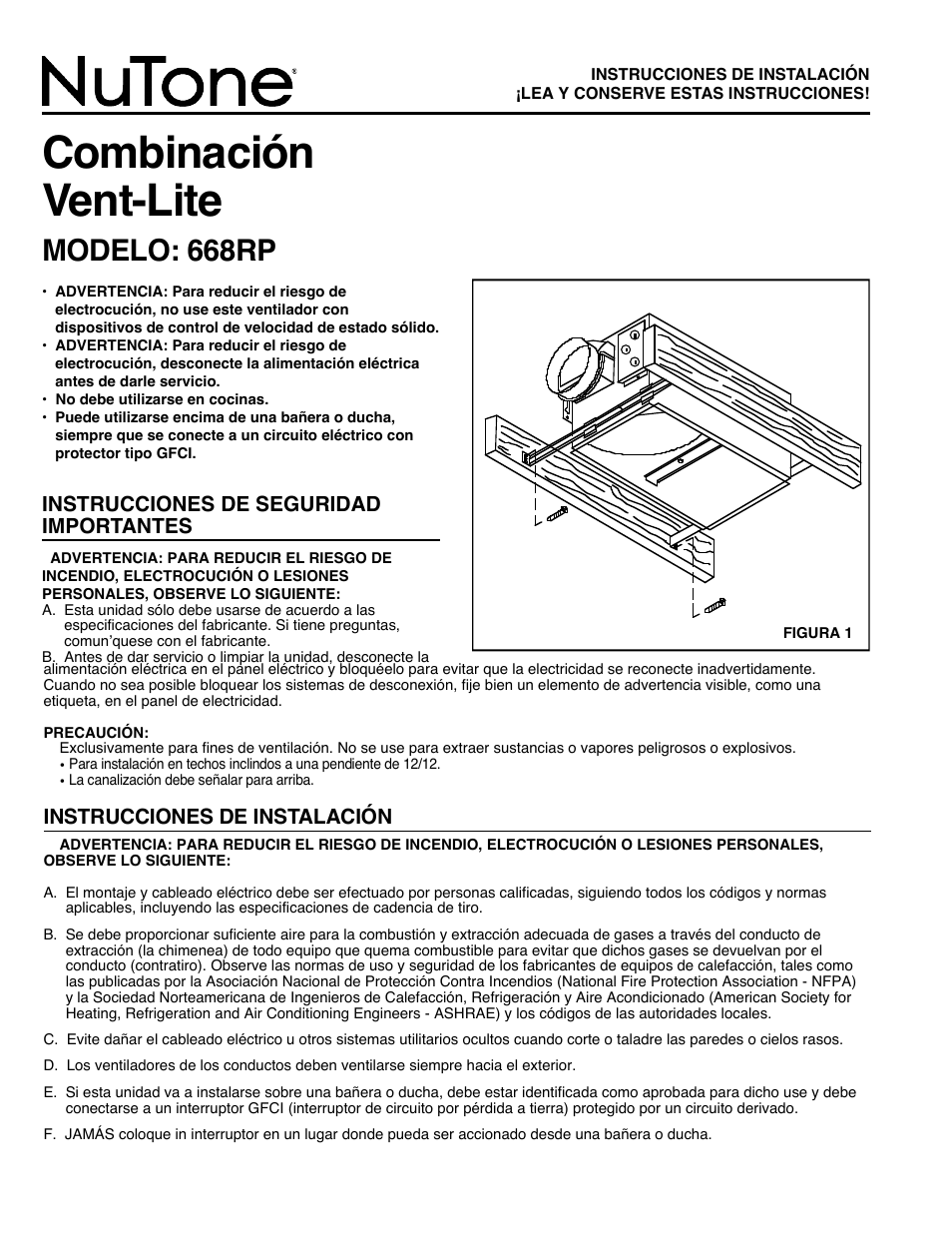Combinación ve n t - l i t e, Modelo: 668rp, Instrucciones de seguridad importantes | Instrucciones de instalación | NuTone 668RP User Manual | Page 4 / 7