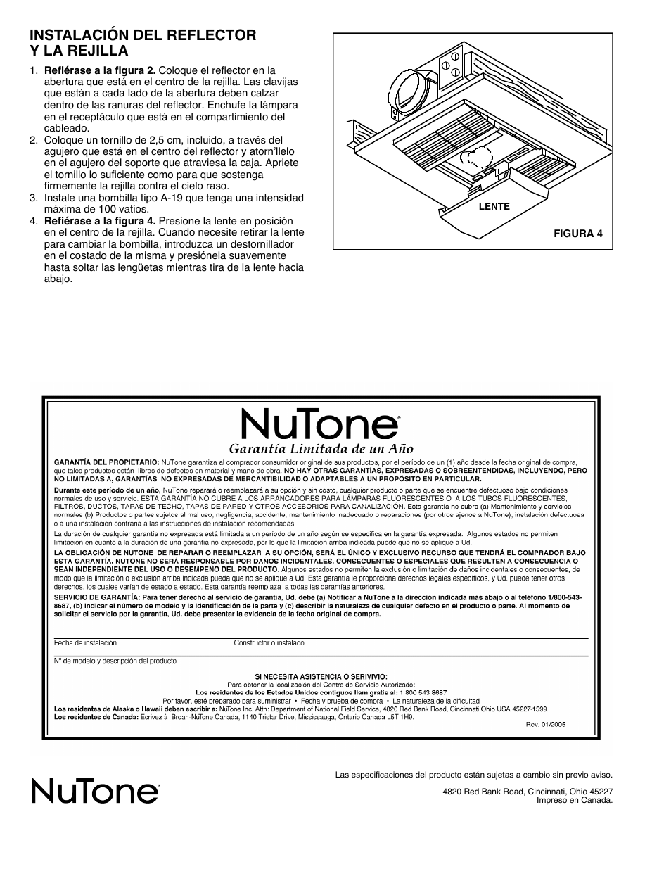 Instalación del reflector y la rejilla | NuTone 668RP User Manual | Page 6 / 7