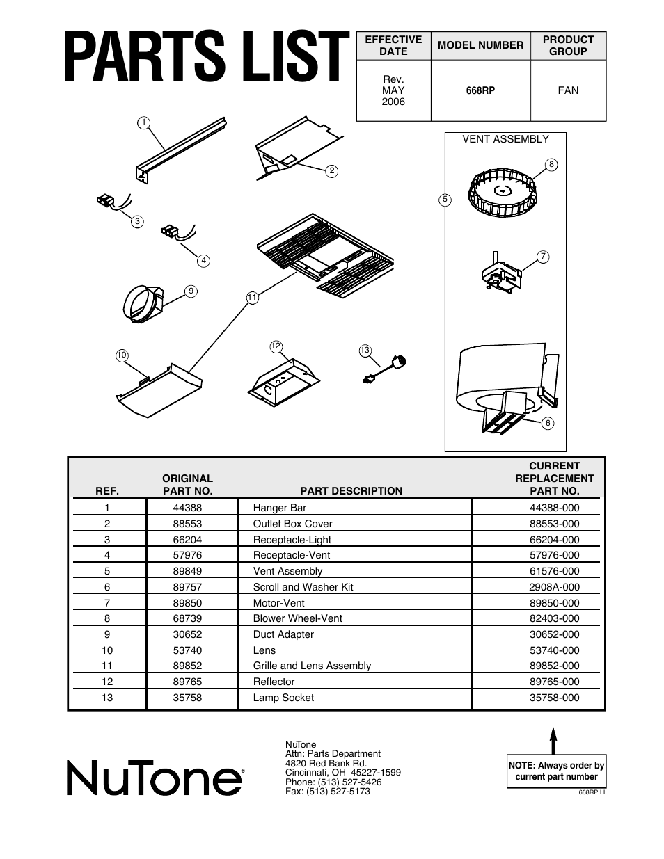 Pa rts list | NuTone 668RP User Manual | Page 7 / 7